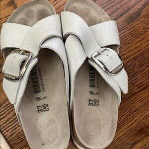 Birkenstock White Slide Sandals with Silver Buckles